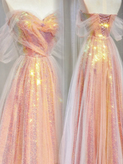 Magnifique robe de soirée longue rose à sequins, coupe trapèze, épaules dénudées et manches courtes, référence N721