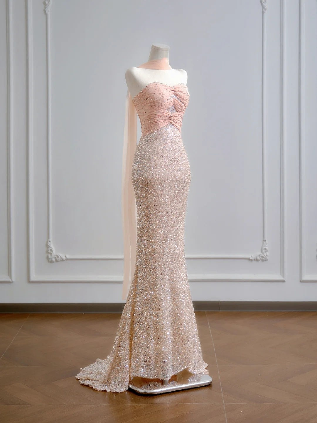 Robe de bal longue à sequins rose champagne, décolleté cœur, style sirène scintillante - Tenue de soirée idéale pour un 18e anniversaire - N386