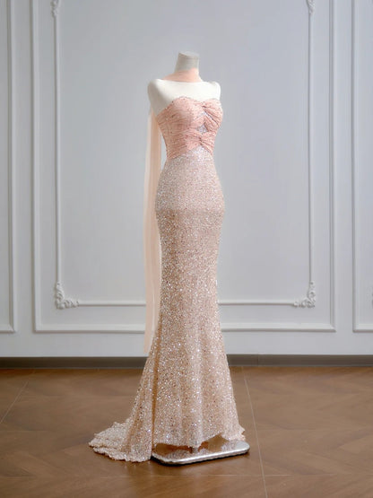 Robe de bal longue à sequins rose champagne, décolleté cœur, style sirène scintillante - Tenue de soirée idéale pour un 18e anniversaire - N386