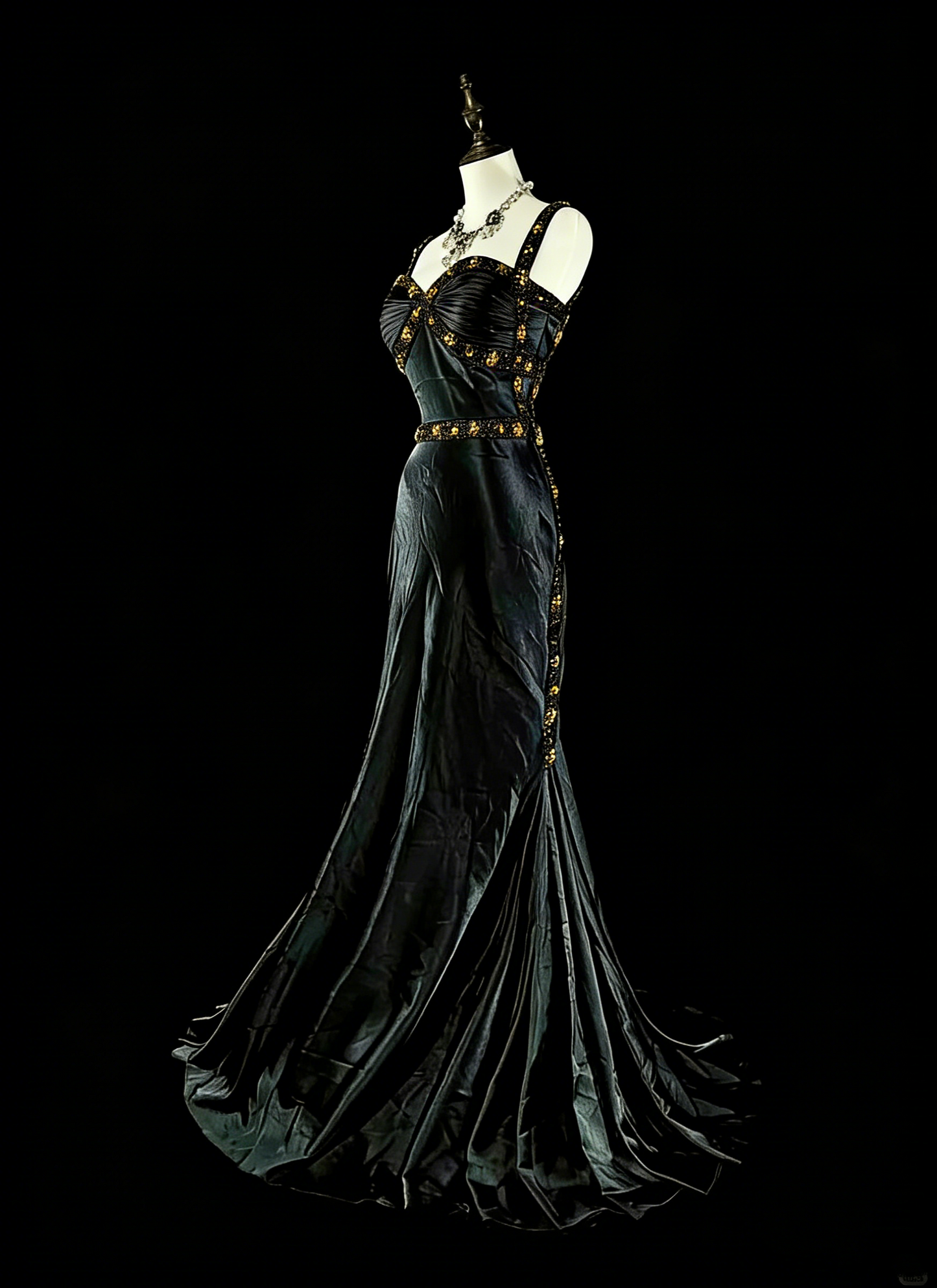 Vintage Meerjungfrauen-Abendkleid aus den 1960er Jahren, schwarz, ärmellos, mit herzförmigem Ausschnitt, Trägern, N1591