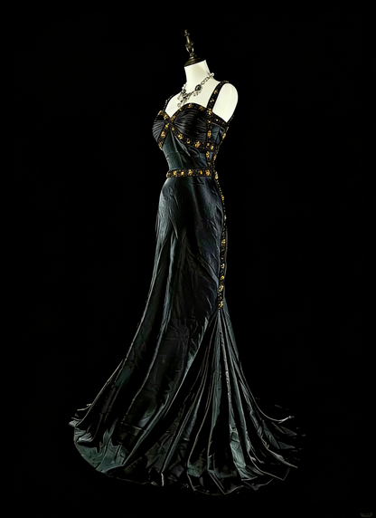 Vintage Meerjungfrauen-Abendkleid aus den 1960er Jahren, schwarz, ärmellos, mit herzförmigem Ausschnitt, Trägern, N1591
