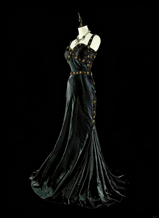 Vintage 1960s Mermaid Sweetheart Black With Straps Sleeveless Long Prom Formal Dresses N1591