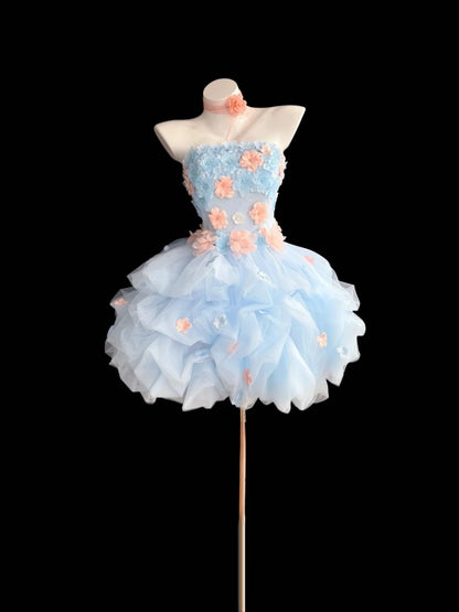 Cute Ball Gown Strapless Light Sky Blue With 3D Flowers Short Mini High School Ideas Homecoming Dress Inspo Birthday Dresses Senior Graduation Outfits RB7216