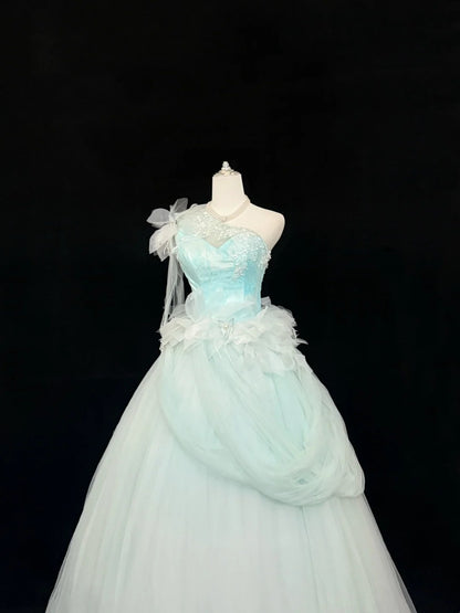 Sweet 16 Dresses Long Ball Gown Sweet Sixteen Long Birthday Dress One Shoulder Blue Tulle Formal Gown RC0292