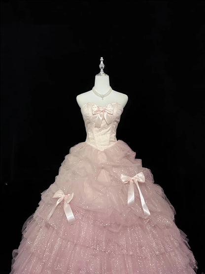 Sweet 16 Kleider langes Ballkleid Sweet Sixteen langes Geburtstagskleid herzförmiger Ausschnitt zartrosa Tüll Abendkleid RC0290