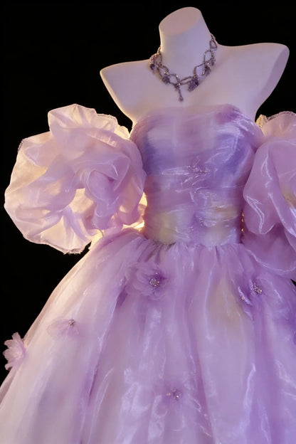 Robe de bal féerique, épaules dénudées, en organza lilas à fleurs, pour quinceañera, N2960