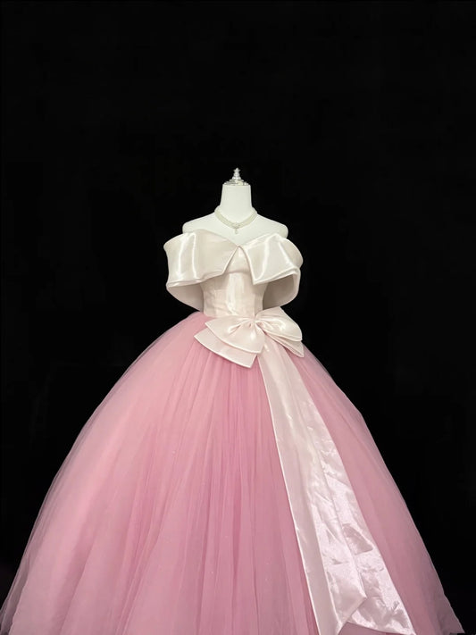Prom Dress Long Floor Length Ball Gown Off Shoulder Tulle Pink With Sleeves Formal Evening Gown For Women RC0287