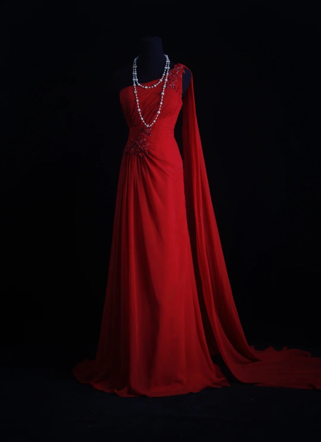 Vintage A line One Shoulder Red Chiffon Sleeveless Summer Formal For Women Girls Teens Prom Dresses N2246