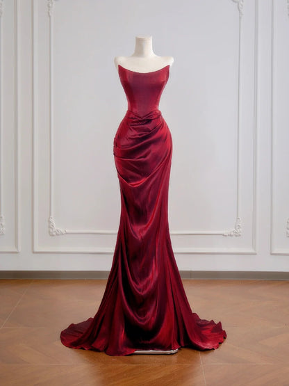 Robe de bal longue bordeaux sirène bustier à volants, idéale pour un 18e anniversaire (N396)