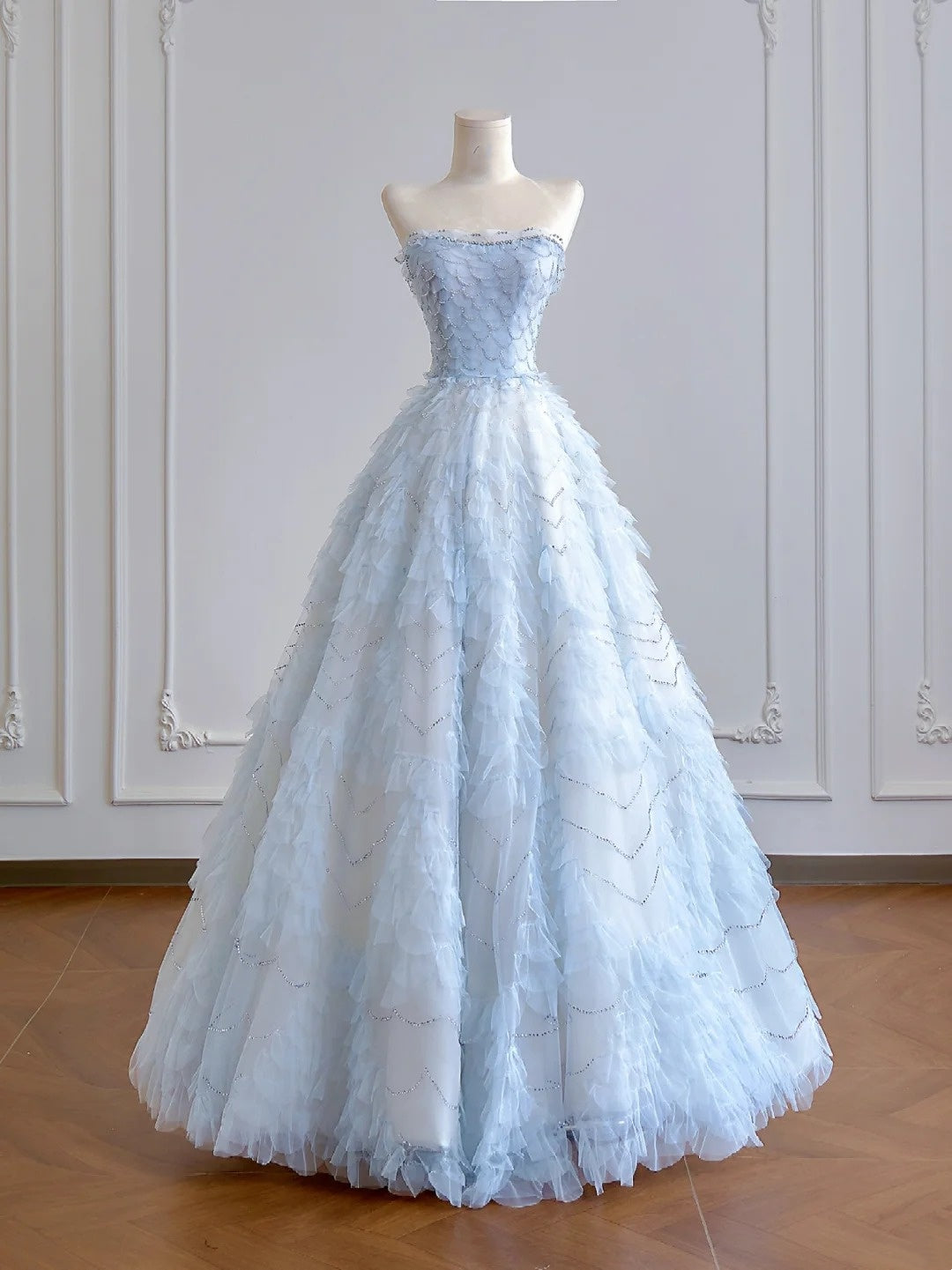 Robe de bal intemporelle bustier en tulle bleu ciel clair, longue robe de soirée, inspiration robe de soirée N375
