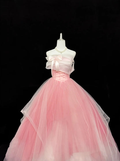 Sweet 15 Quinceanera Dress Ball Gown Strapless Pink With Bow-knot Tulle 15th Birthday Gown RC0250