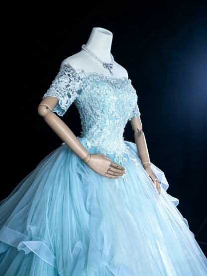 Bescheidene Ballkleider für den Abschlussball, schulterfrei, hellblau, Tüll mit Ärmeln, langes Quinceañera-Kleid N3050