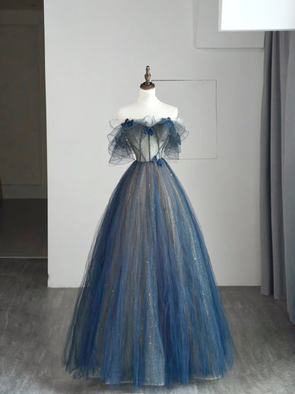 Robe de bal sobre à épaules dénudées en tulle bleu, tenue de soirée pour jeunes filles de 16 ans (N1173)