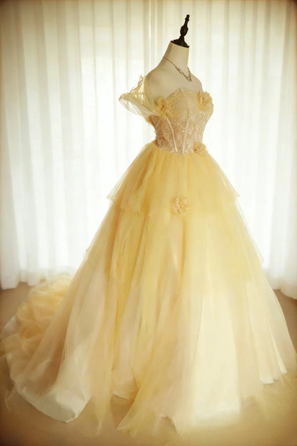 Robes de bal de promo modestes style princesse, en tulle jaune, avec manches, longues robes de Quinceañera N2967