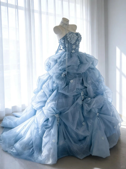 Modest Prom Dresses Ball Gown Strapless Blue Tulle With Flowers Long Quince Dress N3048