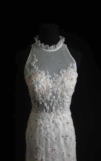 Robe de bal longue blanche rétro sirène à encolure ronde avec appliques, inspiration années 2000, tenue de soirée pour un 19e anniversaire, N505