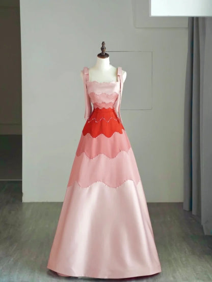 Robe de bal longue en satin rose à bretelles, style tendance, idéale pour les soirées et les fêtes de fin d'année (N681)