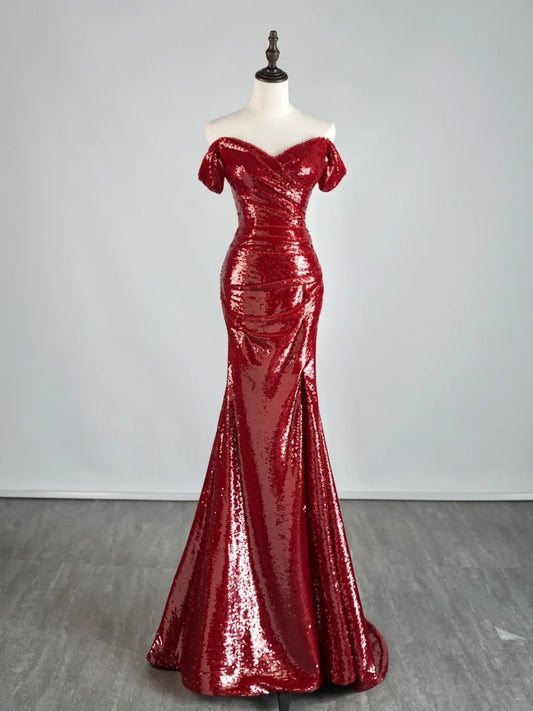 Magnifique robe de soirée sirène bordeaux à épaules dénudées et sequins, manches courtes, modèle N691