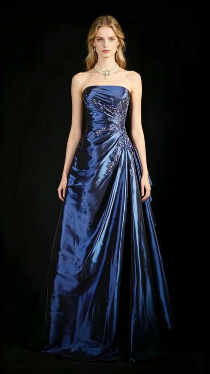 Mignonne robe de bal bustier en satin bleu marine avec volants, longues robes de soirée, robes de bal N3043