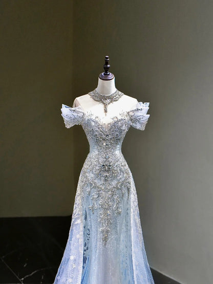Traumhaftes Meerjungfrauen-Abendkleid mit schulterfreiem Ausschnitt, Pailletten, blau, lang, Inspiration für Partys und Balls RB1667