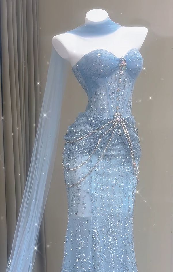 Blaues Meerjungfrauen-Abendkleid, ästhetisches, herzförmiges Tüllkleid, langes formelles Abendkleid AB1664