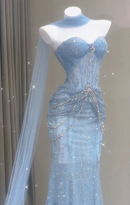 Blaues Meerjungfrauen-Abendkleid, ästhetisches, herzförmiges Tüllkleid, langes formelles Abendkleid AB1664
