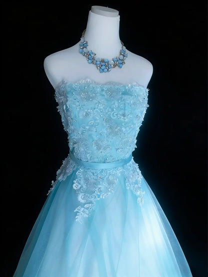 Pretty Prom Dresses Ball Gown Strapless Blue Tulle With Appliques Long Formal Dress N2953