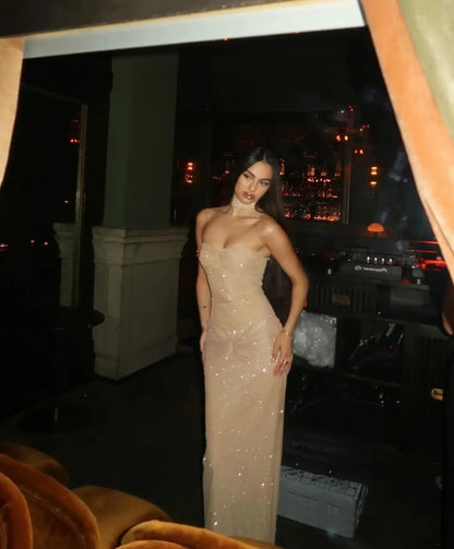 Robe de bal longue moulante à sequins champagne, décolleté cœur, style sirène, élégante, longueur au sol, idéale pour une remise de diplôme ou un 20e anniversaire (N427)