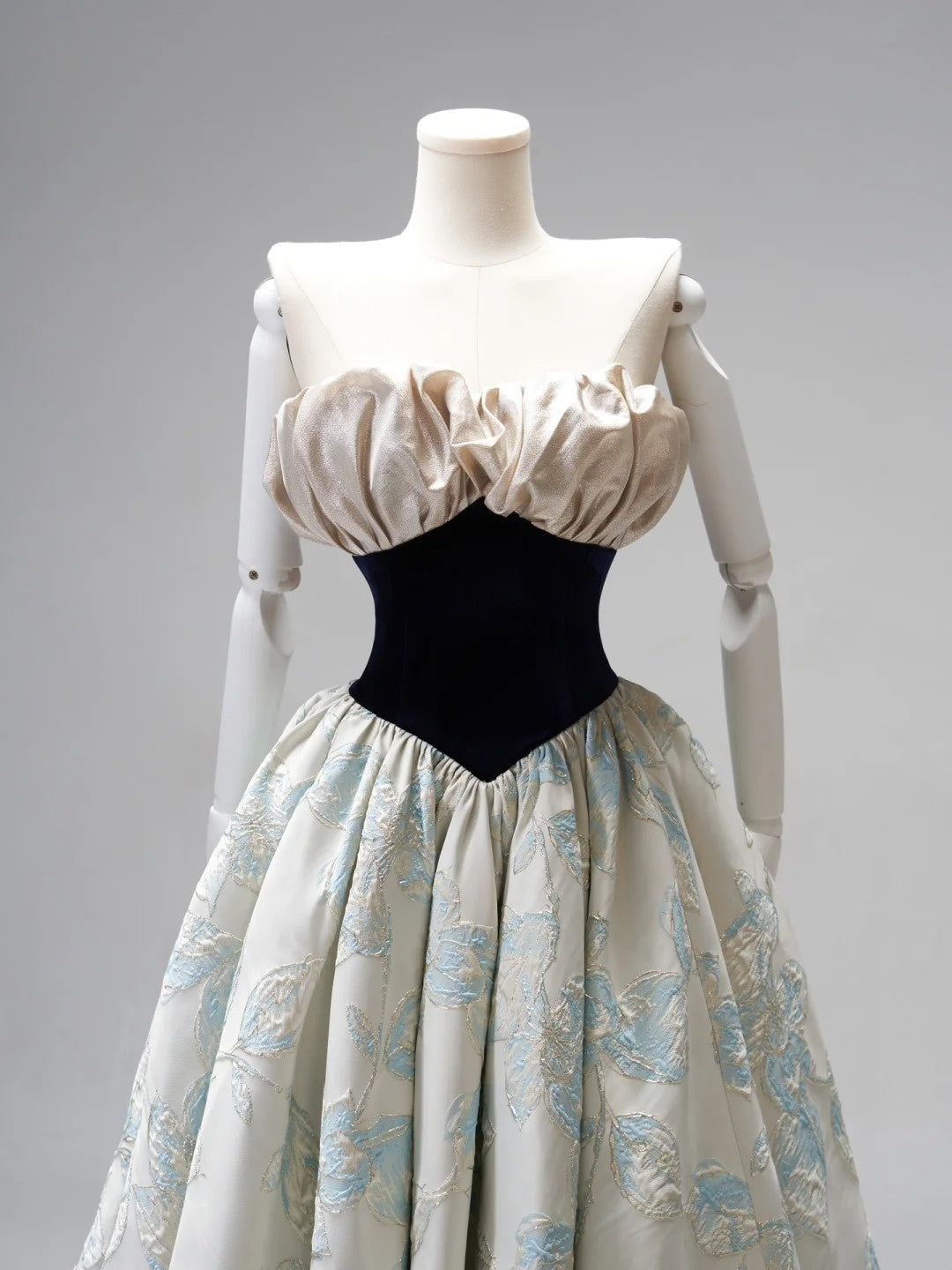 Modest Ball Gown Strapless Floral Blue Satin Long Evening Prom Dresses Floor Length Evening Formal Dress N273