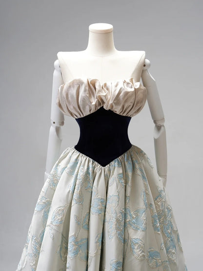 Modest Ball Gown Strapless Floral Blue Satin Long Evening Prom Dresses Floor Length Evening Formal Dress N273