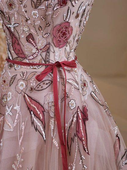 Robe de bal longue bustier en tulle et dentelle florale, idéale pour un 19e anniversaire (réf. N237)
