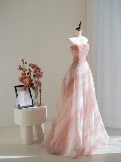 Robe de bal élégante sans bretelles en tulle rose ornée de cristaux et de perles, robe de soirée longue, tenue pour un 18e anniversaire, robe de remise de diplôme N233