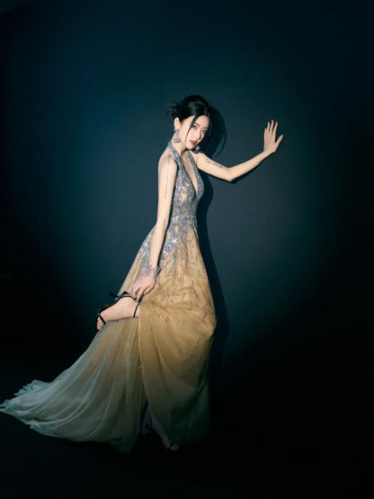Robe de bal dos nu en tulle champagne, robe de soirée longue N271
