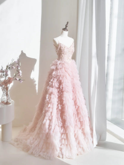 Robe de bal longue en tulle rose poudré à fines bretelles spaghetti, inspiration robe de soirée formelle N235