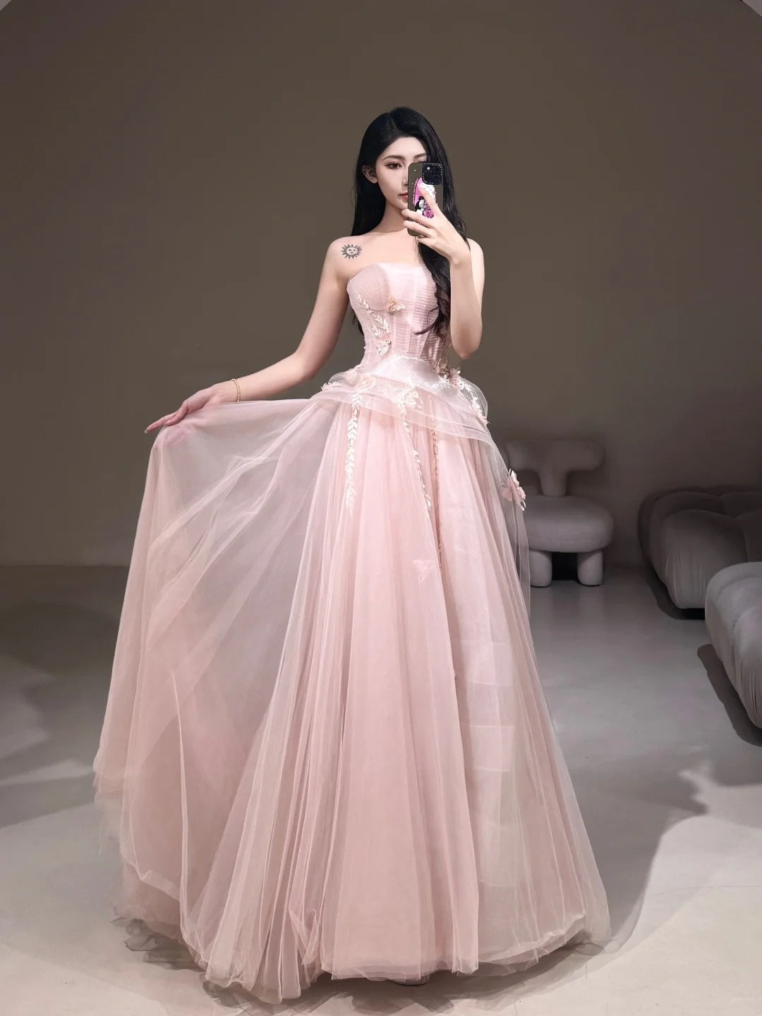 Sweet Ball Gown Strapless Pink Tulle With Lace For Women Party Dress Long Formal Prom Dresses 22th Birthday Outfits N298