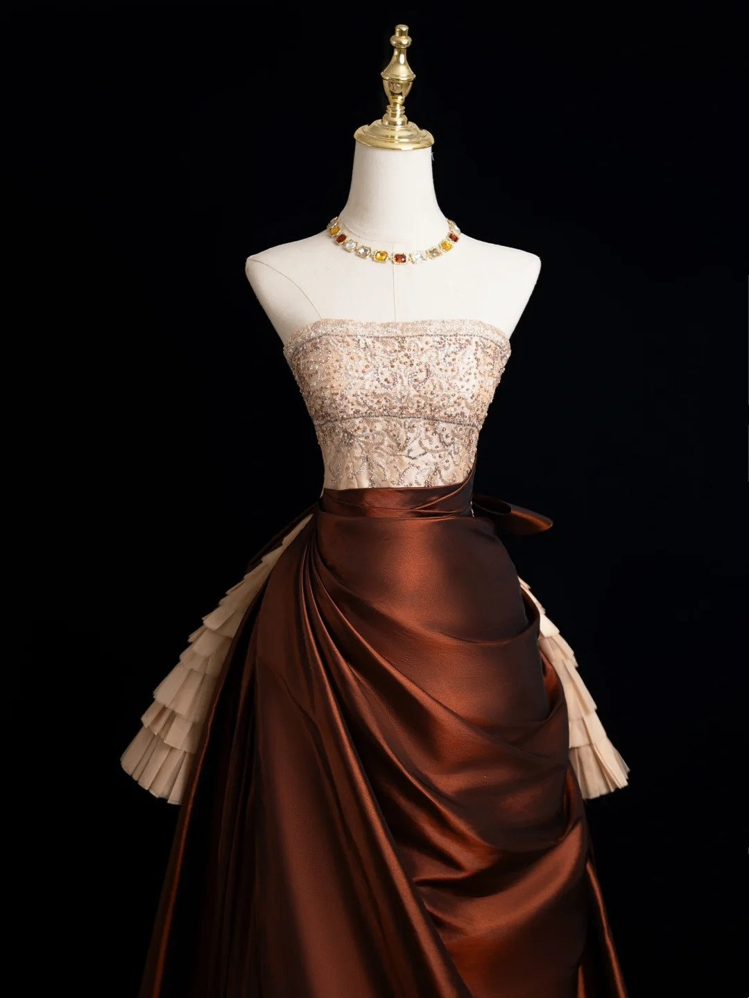Robe de bal sobre sans bretelles, haut champagne à perles, jupe marron, robe de soirée longue, robe de bal longue, robe de soirée formelle N272