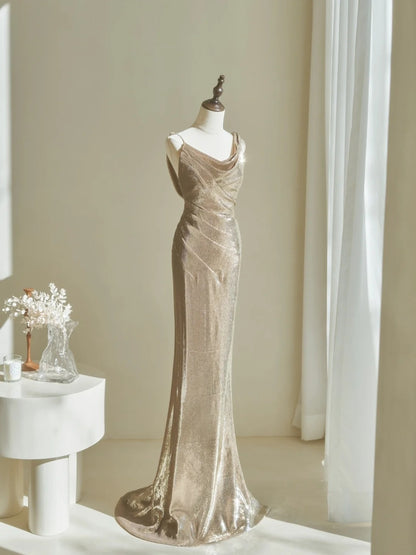 Elegantes, champagnerfarbenes Paillettenkleid im Meerjungfrauenstil für Damen – langes, formelles Ballkleid zum 22. Geburtstag (AC048)