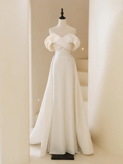 Robe de mariée sirène classique en satin blanc à épaules dénudées et manches courtes, robe de mariée longue N234