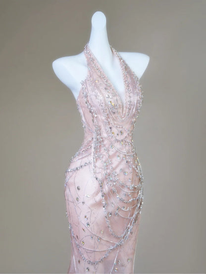 Robe de bal longue sirène chic à sequins roses, dos nu, pour adolescentes et jeunes filles, idéale pour un 20e anniversaire (N135)
