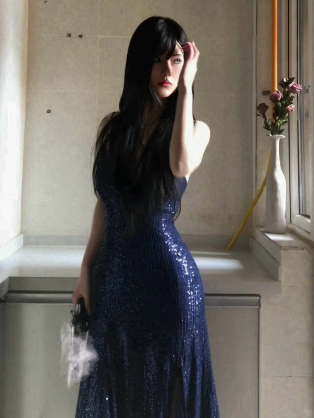 Sexy marineblaues, langes Meerjungfrauen-Abendkleid mit V-Ausschnitt, Schnürung und Schlitz, formelles Kleid AB1826