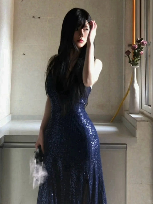 Robe de bal longue sirène bleu marine sexy à col en V et lacets, avec fente, AB1826