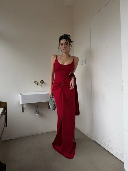Unique Mermaid Spaghetti Strap Red With Scarf Long Prom Dresses Inspiration 18th Birthday Gowns Formal Evening Dress N465