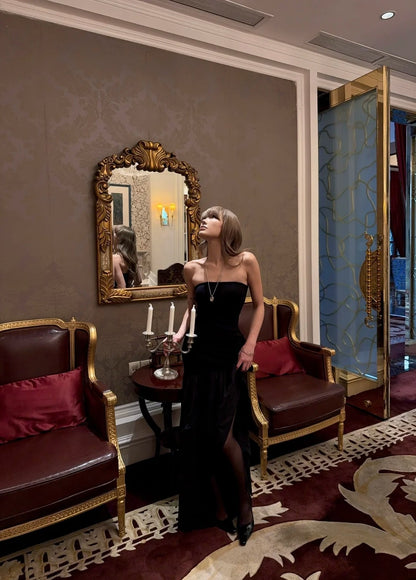 Robe de bal longue sirène noire intemporelle sans bretelles à volants en satin, inspiration robe semi-formelle N699
