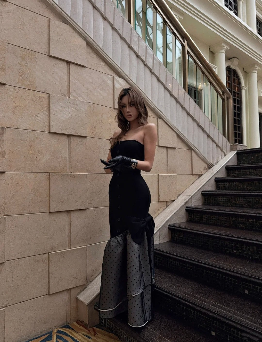 Vintage Mermaid Strapless Black Polka Dots Wedding Guest Dress Satin Long Prom Dresses Semi Formal Gown N695