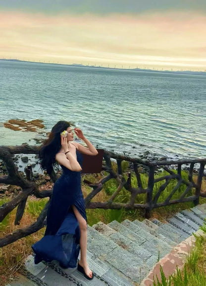 Sexy marineblaues, langes Meerjungfrauen-Abendkleid mit V-Ausschnitt, Schnürung und Schlitz AB640