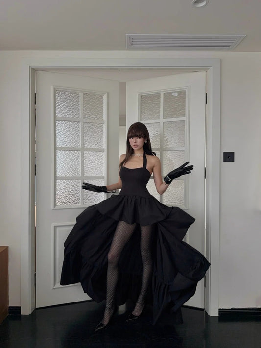 Elegantes, asymmetrisches Neckholder-Abendkleid mit Satinrüschen, langes Ballkleid, halbformelles Abendkleid N698
