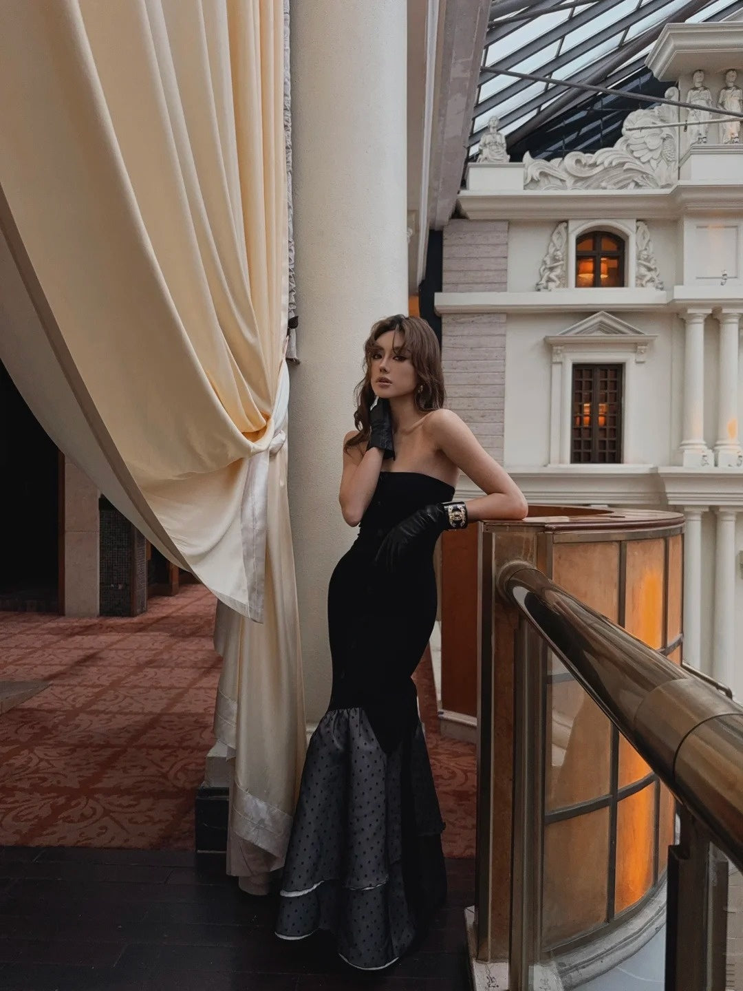 Vintage Mermaid Strapless Black Polka Dots Wedding Guest Dress Satin Long Prom Dresses Semi Formal Gown N695