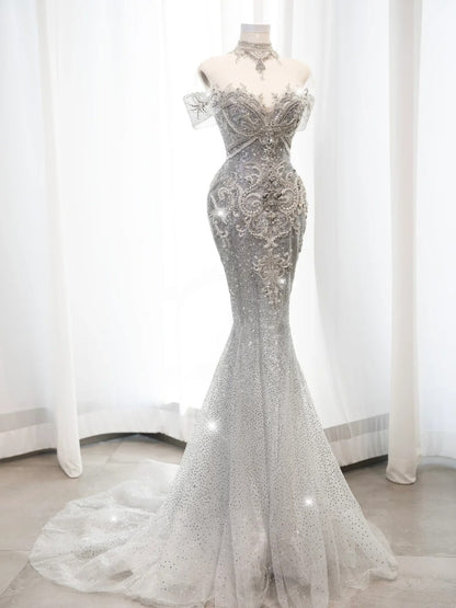 Fairytale Fantasy Art Wedding Dresses Mermaid Off The Shoulder White Sequin With Beaded Bodice Long Brides Dress Fitted Bridal Gowns N673