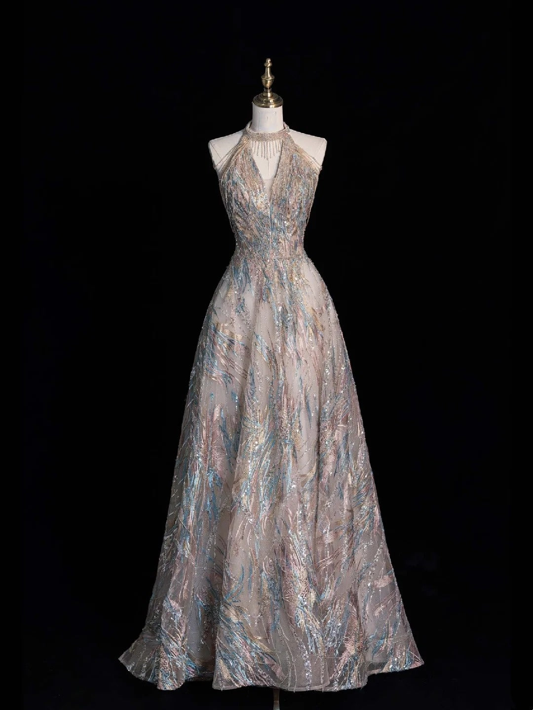 Funkelndes, langes, formelles Abendkleid mit A-Linien-Ausschnitt und Pailletten, langes Ballkleid N746