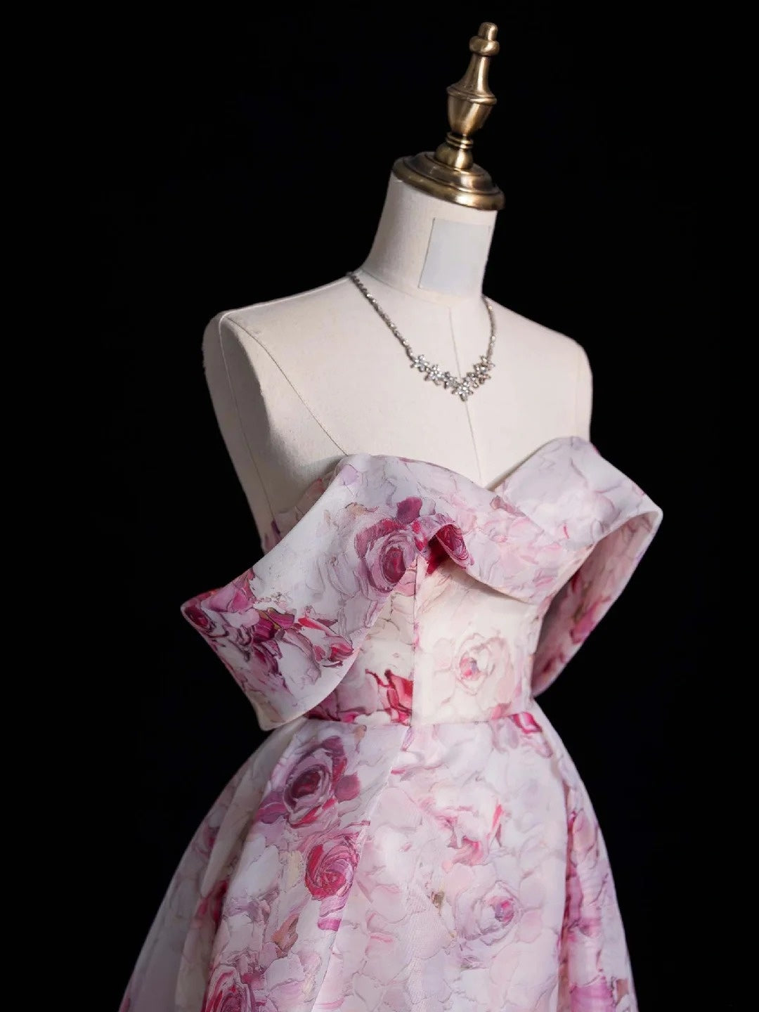 Modest Ball Gown Off The Shoulder With Short Sleeves Pink Floral Long Prom Dress For Women Girls Evening Dresses N653